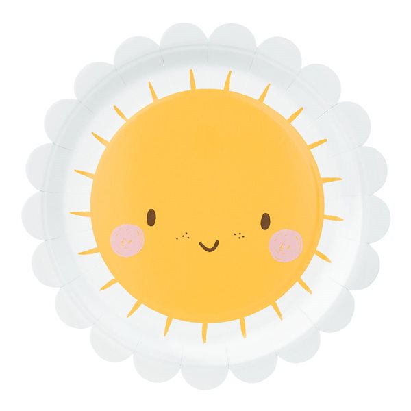 Paptallerken Smiley sol hvid/gul 18cm, 6 stk. engangsservice