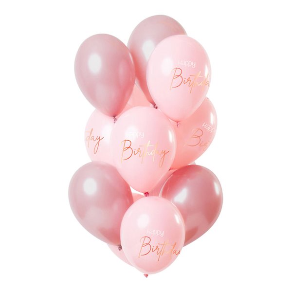 Balloner Mix Happy Birthday lyserød/rosa 33cm, 12 stk. fødselsdag