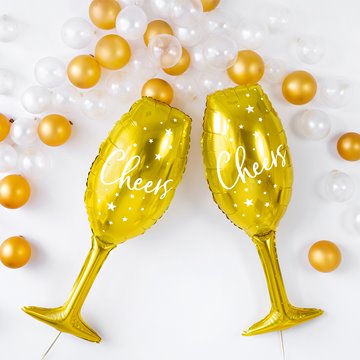 Folieballon Champagneglas Happy New Year guld 80cm x 28cm festartikler