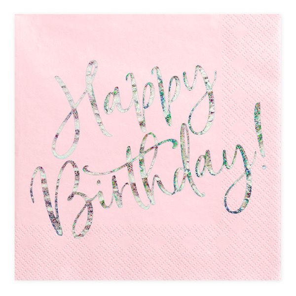 Servietter Happy Birthday lyserød/sølv 33cm x 33cm, 20 stk. festartikler